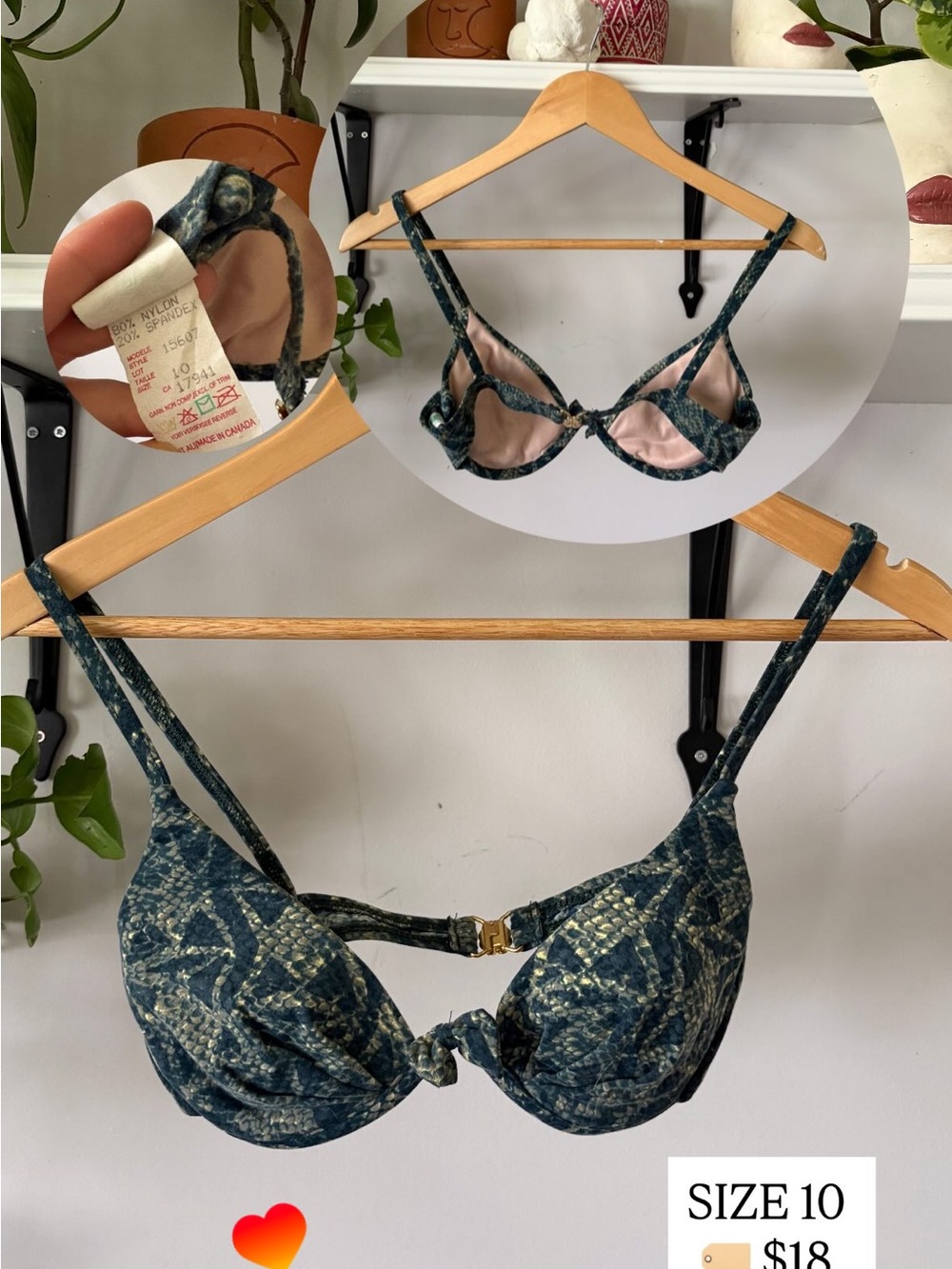Underwire Swim Bra in Teal-Green Snakeskin Print